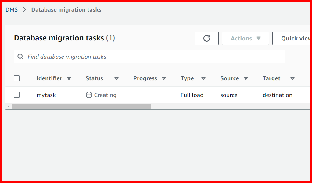 Picture showing the execution status of the database migration task